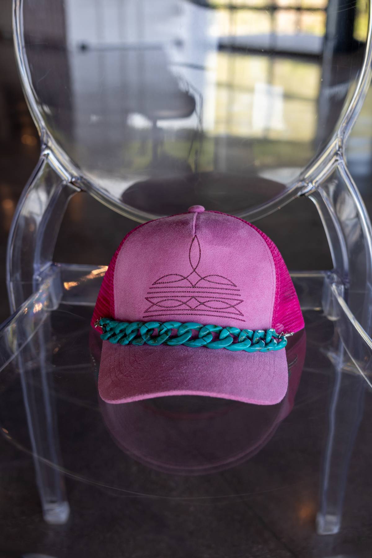 Pink Boot Stitch with Turquoise Chain