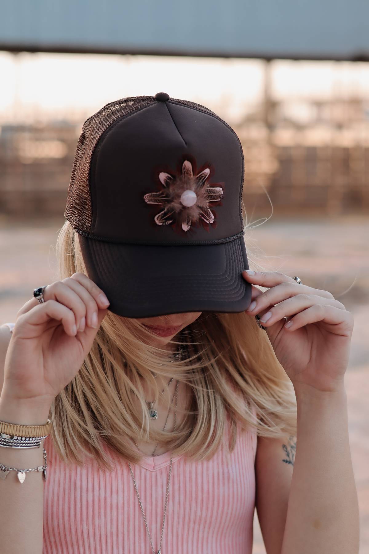 Brown with Pink Flower Trucker Hat